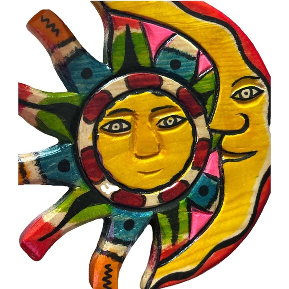 Colorful Carved Wooden Sun And Moon Wall Art Decor Hand Painted Celestial Bright